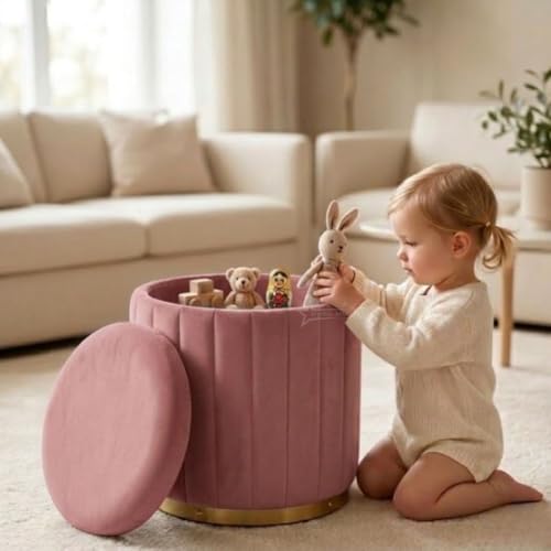 Image of Superior Round Storage Ottoman Stool 13 X 13X 16 inch, with Gold Metal Base | Elegant Pouffe with Secret Storage | Cushioned Footrest for Living Room, Bedroom, and Lounge Pink