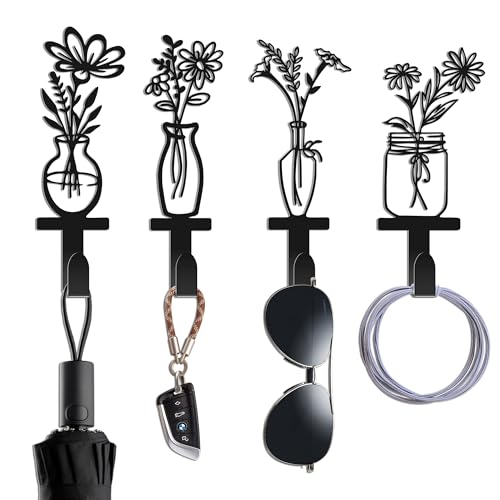 JEWLOVE Decorative Wall Hooks, Metal Flowers Wall Decor with 4 Towel Hooks - Floral Vine Bathroom Hooks for Towels & Coats, Vintage Kitchen & Entryway Organizer