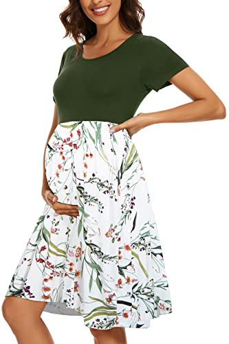 Image of WOOXIO Women's Short Sleeve Maternity Dress Patchwork Pregnancy Clothes with Pockets