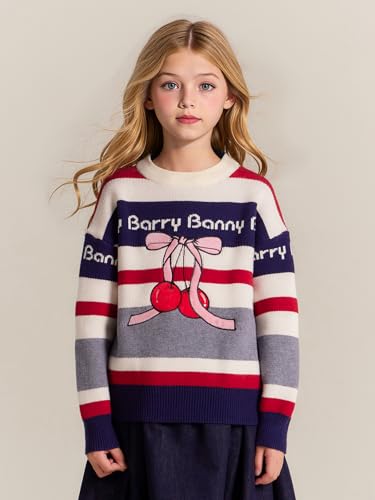 Girls Striped Sweater Crewneck Pullover with Cherry Bow Embroidery, Cute Knit Fall Winter Top for 6-16Y Kids Clothes3
