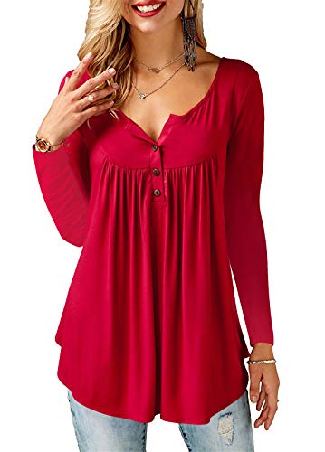 AMORETU T-Shirt Damen V-Ausschnitt Knopfleiste Bluse Solide Tunika Sommer Tops , Langarm-burgund, L/DE 46-48 Cover