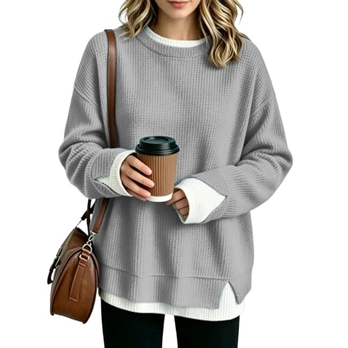 HswsEJ Womens Waffle Top Long Sleeve Crewneck Pullover Layered Sweaters - image 5