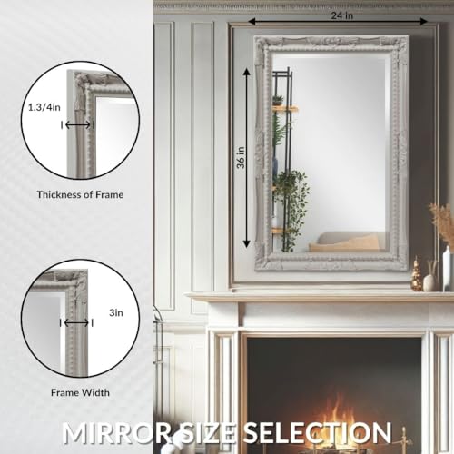Image of Howard Elliott Collection Queen Ann Rectangular Glossy Nickel Wall Mirror, Rectangle Hanging Wood Framed Vanity Mirrors for Home Decor, Living Room, Bathroom, Bedroom, or Hallway, 24 x 36 Inch