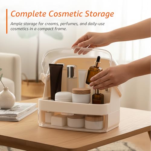 Image of Amazon Basics Glossy ABS+PET Cosmetic Storage Organizer | 27 x 20.5 x 32 cm | 2 Compartments | Waterproof & Dustproof Lid | White