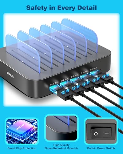 Image of MSTJRY Charging Station for Multiple Devices : 5 Port Multi USB-A Charger Stations Multi-Device Organizer Charging Dock Designed for iPhone iPad Cell Phone Tablets (7 Short Cables Included), Gunmetal