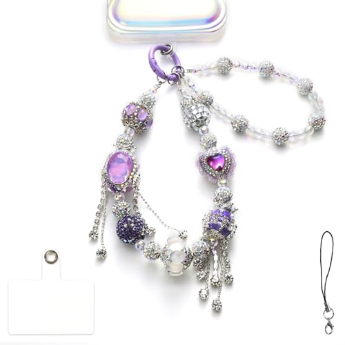 Phone Charm with Crystal Beads, Hands-free Wrist Strap for Most Phone Case, Anti-lost Keychain, Cute Bag Charms P- Violet Heart