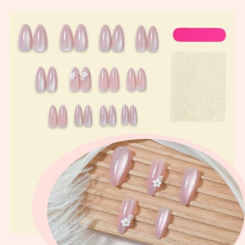 Image of Pink Press on Nails Almond Shape Glossy Full Cover Stick on Nails with Glitter Design Flower Fake Nail for Women Manicure 24Pcs