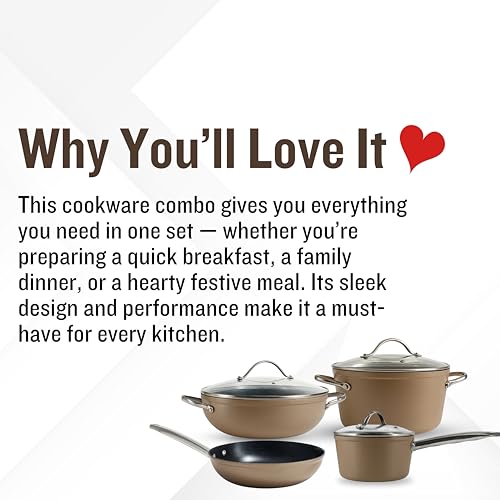 Image of Get Plumm Ceramic 7 Pcs Cookware Set | 16cm Saucepan, 20cm Pot, 26cm Kadhai, 20cm Fry Pan with Lids | ISI Certified | PFAS & PTFE Free | Gas & Induction | 1 Year Warranty | Cream Gold