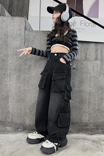 Image of Rolanko Girls Cargo Pants Baggy Y2K Cargo Trousers Jeans Wide Leg Pants with Multi Pockets 4-15 Years