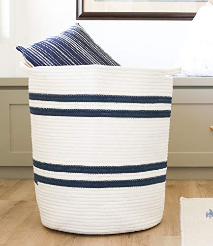Chloe And Cotton Large Living Room Blanket Basket | Tall Woven Jute Rope Basket For Storage | 19 X 16 X 16 Inches | Laundry Hamper For Nursery & Bedroom | Cream & Navy #TOP1