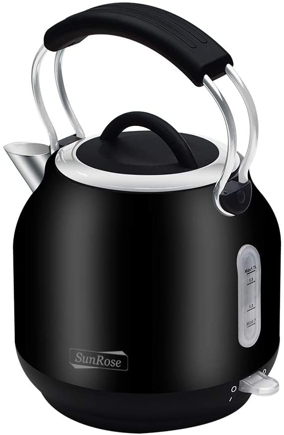 Water Tea Electric Kettle SR968B, SunRose 1.7L Stainless Steel 100% BPA Free 1500W Quick Boiling Water Kettle for Coffee and Tea, Cordless with Auto Shut Off and Boil Dry Protection, Black, SR-968B