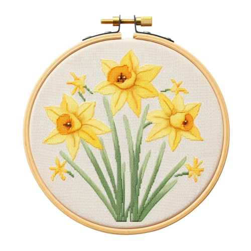 Generic Cartoon Simple Daffodils Flower DIY 11CT Stamped Cross Stitch Kits Easy for Beginners Children with Hoop Needlepoint Counted Embroidery Kits Art Craft Wall Decoration 14x14inch(4)