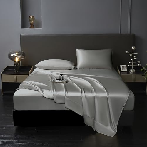 Revdomfly 4 Pcs Full Size Luxury Silky Soft Grey Satin Sheet Set,1 Premium Moisture Wicking Fitted Sheet Fits Up to 16 Inches Deep Pocket + 1 Flat Sheet + 2 Pillowcases?Grey, Full?
