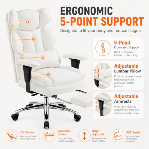 Image of Big and Tall Ergonomic Office Chair with Footrest, Executive High Back PU Leather Desk Chair, Reclining Computer Chair with Adjustable Lumbar Support and Armrests, Swivel Rolling Gaming Chair, Beige