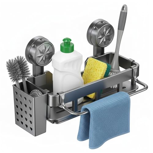 Alyxen Organisateur d'évier pour La Cuisine,Porte Eponge Evier Cuisine avec Bac de Vidange et Porte-Serviettes,Porte-éponge à Ventouse,Rangement Evier...