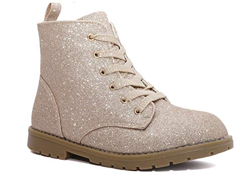 Charles Albert Girl's Glitter Boot Lace Up Low Heel Winter Shoes Toddler/Little Kids (4 M US Big Kid, Gold)