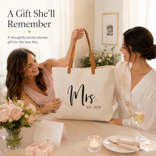 Image of ELEGANTPARK Mrs Gifts for Bride 2026 - Large Canvas Wedding Tote Bag with Zipper, Bridal Shower Gift for Bride to Be, Bachelorette Party Honeymoon Beach Bag
