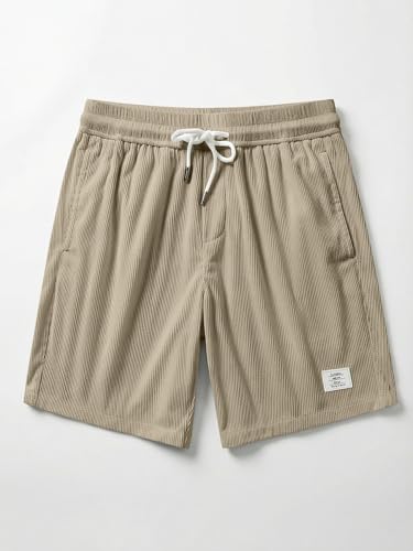 JMIERR Men's Corduroy Shorts Casual 7 Inch Inseam Elastic Waist Drawstring Lightweight Summer Beach Shorts for Resort Wear, XL, Parchment