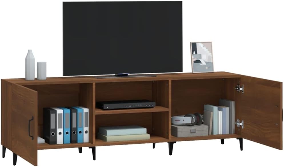 vidaXL Brown Oak TV Cabinet with doors open, showing interior storage