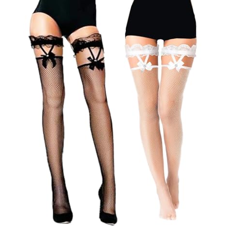 2 Pairs Bow Fishnet Thigh High Stockings Bow Top Lace Mesh Tights Sexy Black Fish Net High Socks Cosplay for Women