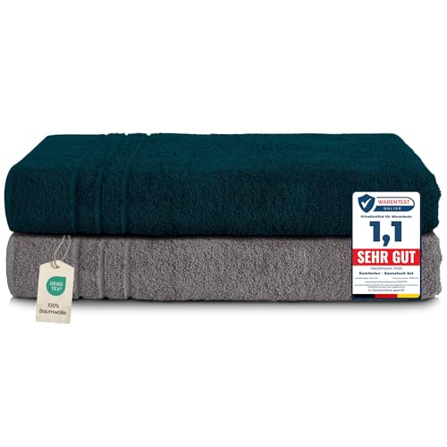 Komfortec 2er Saunahandtuch Set 80x200 cm, Große Saunatücher aus 100% Baumwolle, Sauna Handtücher, Flauschig und Saugstark, Schnelltrocknend, Anthrazit Grau/Petrol