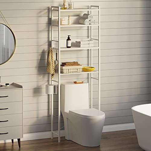 Rolanstar-Over-The-Toilet-Storage-4-Tier-Wooden-Bathroom-Space-Saver-with-Hooks-Freestanding-Bathroom-Organizer-Multifunctional-Over-The-Toilet-Storage-Rack-Bathroom-Toilet-Rack-White