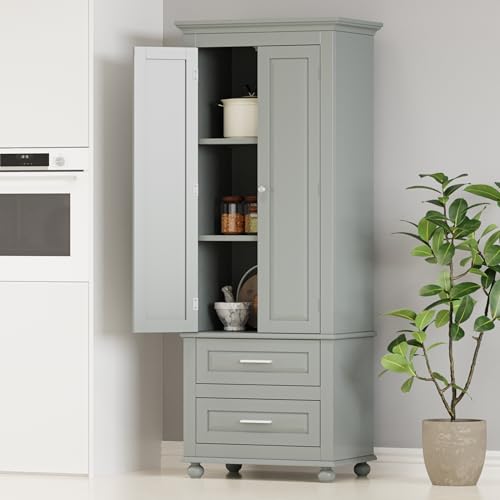 Image of Merax 62.5 inch Pantry Cabinet with Two Doors & Two Drawers, Adjustable Shelves Storage Cupboard for Kitchen /Dining Room /Bathroom, Gray