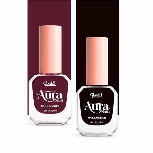 Image of Glam21 Aura Nails Nail Lacquer |Long-Lasting, Quick-Dry, High-Shine Nail Enamel | Chip-Free Formula | Smooth Application & Vibrant Finish |60 Striking Shades | 10ml Each | Pack Of 2 (Vampy Vibe & Midnight Black)