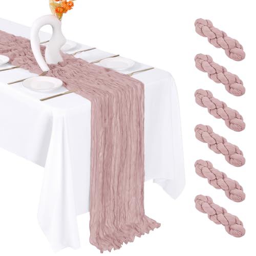 FANTEKE 6 Pack Dusty Pink Cheesecloth Table Runner 20 x 120 Inch Gauze Table Runner Fabric Semi Sheer Cheese Cloth Table Decor Bulk for Rustic Romantic Wedding Baby Shower Party Table Decoration