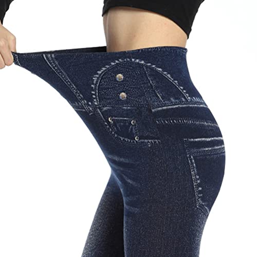 Onsoyours Leggings Imitation Jean Femme Leggings Taille Haute Ceinture Elastiquée Slim Jeggings Extensible Pantalon de Crayon E Bleu Foncé XL