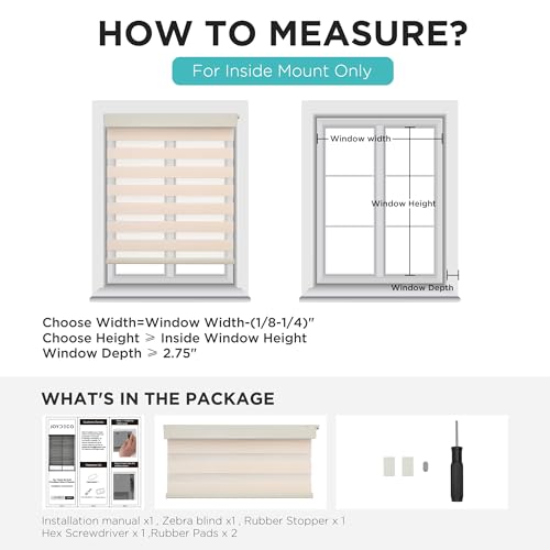 Joydeco No Drill Zebra Blinds for Windows, Cordless Dual-Layer Privacy Zebra Shades for Indoor Windows, Easy to Install, Light Filtering Sheer Blinds for Home (Light Beige, Custom Size)