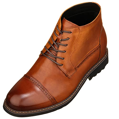 Image of CALTO Men's Invisible Height Increasing Elevator Shoes - Brown Leather Lace-up Cap-toe Boots with Inner Faux Fur - 3.2 Inches Taller - Y41085 - Size 9 D(M) US