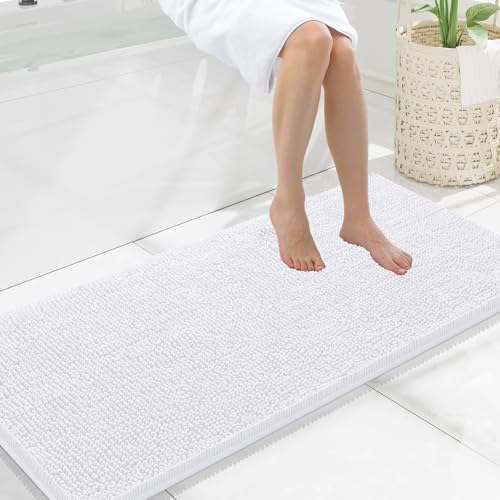 Smiry Luxury Chenille Bathroom Rugs 47x20, Extra Soft and Absorbent Shaggy Bath Mat, Machine Washable, Non-Slip Plush Carpet Runner for Tub, Shower, and Floor, Home Decor Accessories, White