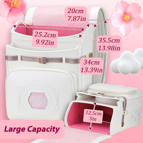 IwaiLoft Ransel Randoseru Backpack with Automatic Satchel for Girls, Japanese School Bag Embroidery PU Bookbag for Women (Morocco White)3