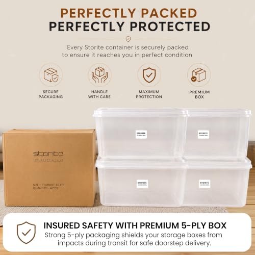 Image of Storite 4 Pcs 45L Plastic Storage Box with Lid-Stackable Organizer Box | Storage Box for Clothes, Kids Toys, Kitchen - Plastic Storage Container Basket for Home, Office, Bathroom(Transparent)