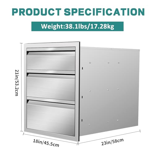 Image of Outdoor Kitchen Drawers 18 inch W x 21 inch H x 23 inch D Stainless Steel Drawer BBQ Triple Drawers with Hidden Handle for Outdoor Kitchen Island, Patio Grill Station
