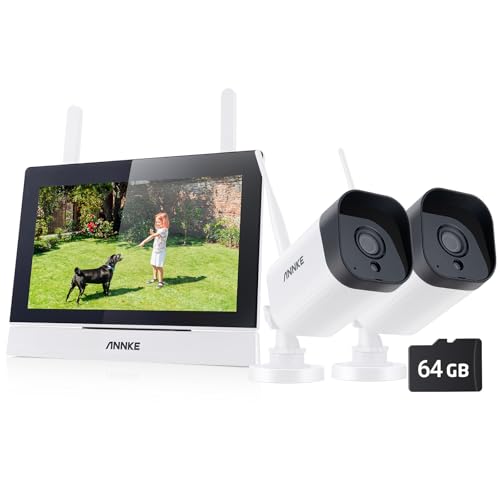 ANNKE Wireless Security Camera System, 7″ LCD Monitor, 4CH WiFi Surveillance IPS Touch Screen with 2Pcs 3MP Outdoor IP Cameras,100ft Night Vision, Two-Way Audio,Motion Detection,64GB SD Card Included