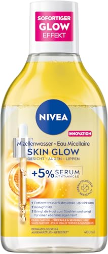 NIVEA Skin Glow - Agua micelar, tónico facial con complejo de aminoácidos, vitamina C y vitamina E, desmaquillante para maquillaje resistente al agua, agua de limpieza de micelas con 5% de suero para