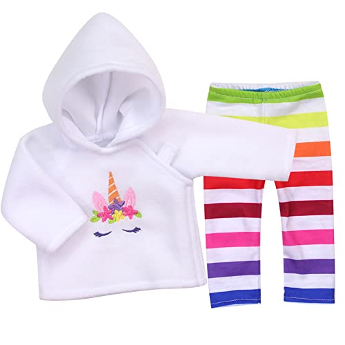 Sophia's White Fleece Hoodie With Embroidered Unicorn Face And Rainbow Striped Leggings For 15 Inch Baby Dolls, Multicolor #TOP19