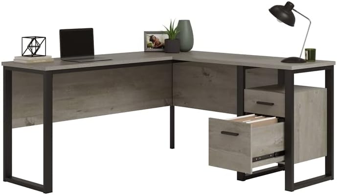 Vista 4 de Sauder Rock Glen Escritorio de madera y metal en forma de L en roble místico