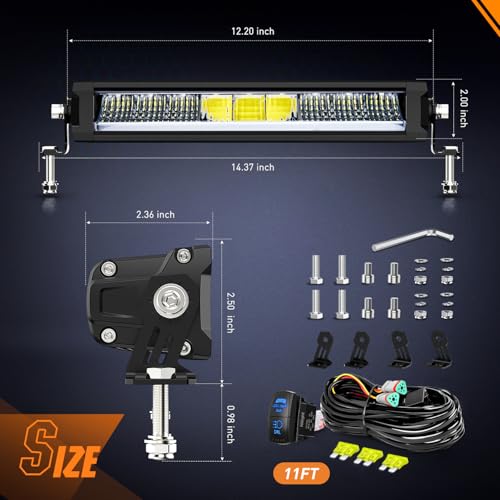 Image of Nilight LED Light Bar with Amber DRL 2 PCS 45 W 12.2 Inch Single RowLights | Slim 4980 LM Anti-Glare Flood Spot Combo IP68 Offroad Driving Lights with 16AWG DT Wiring Kit for Pickup Truck SUV Jeep