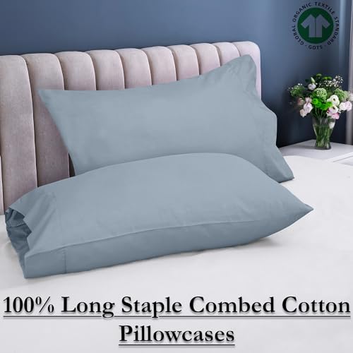 Image of ROYALE LINENS 300 Thread Count 100% Long Staple Combed Cotton Pillowcases Set of 2 - Ultra Soft - Queen Bed Pillow Cover - 20 inchx30 inch - Breathable, Cool & Crisp Percale Pillow Cases (Queen, Lake Blue)
