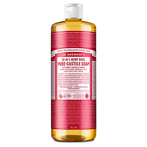 Dr Bronner's 18-in-1 Rose Pure Castole Liquid Soap, Made with Organic Oils, Used for Face, Body, Hair, Laundry, Pets and Dishes, Certified Fair Trade & Vegan Friendly, 946ml Recycled Bottle