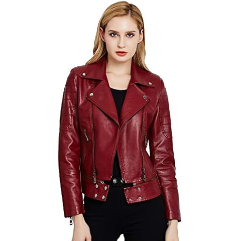 Jhichic Women's Asymmetric Zip PU Jacket Faux Leather Biker Coats Motorcycle Wine Cover