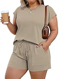 Lastshe Plus Size Two Piece Sets for Women Short Lounge Set Drawstring Cap Sleeve Summer Sweatsuit with...