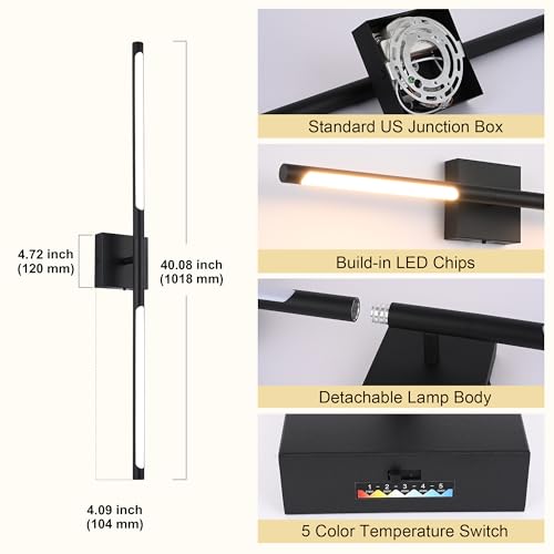 Image of TODOLUZ 40-Inch 5CCT 22W LED Bathroom Light Fixture, Modern Black 2700K-5500K Vanity Lighting Wall Sconce Lamp with Rotatable Lamp Tube