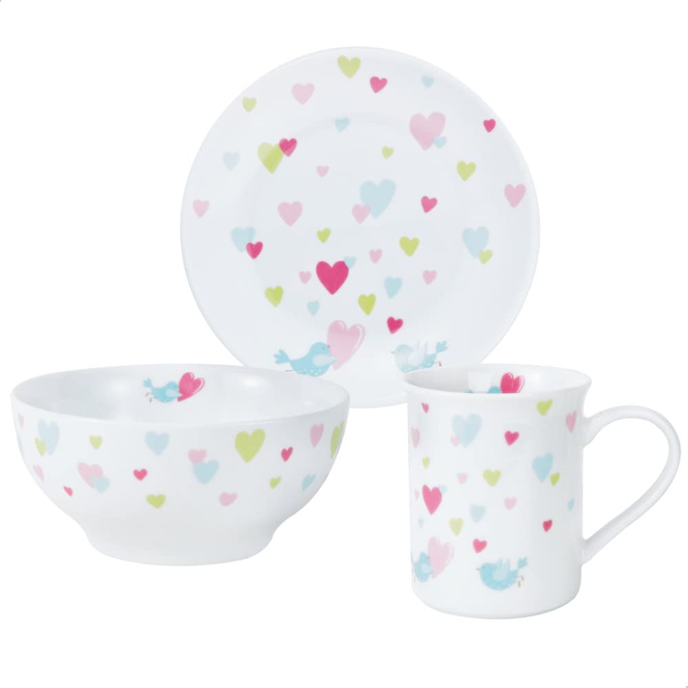 Kinderset Cora Herzen 7tlg. mit Gravur auf der Besteck-Rückseite (z.B. Namen) Kinderbesteck + Kindergeschirr (Teller, Schale, Tasse)