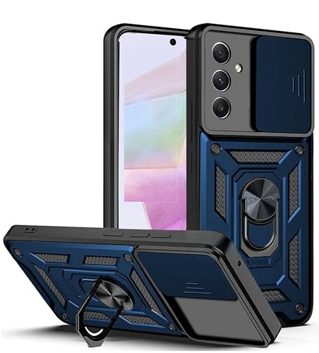 Image of Designerz hub Samsung Galaxy M56 5G Back Cover | Heavy Duty Hybrid Case with 360 Degree Rotating Finger Ring Holder + Slider Shutter Camera Protection Case for Samsung Galaxy M56 5G- Blue