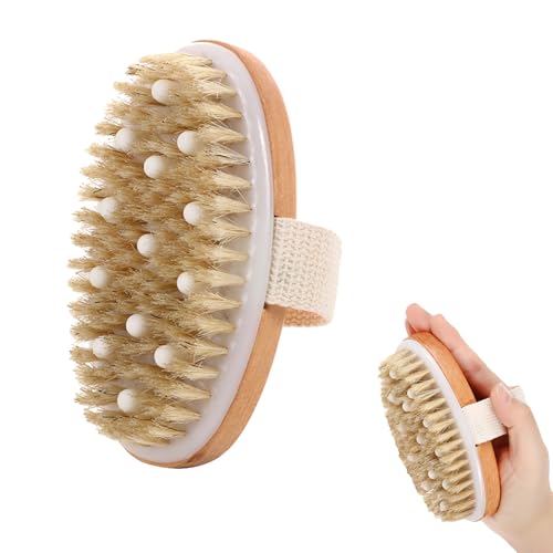 Cepillo seco para piel, corporal, exfoliante, drenaje linfático, reducción de celulitis, natural con cerdas de jabalí para masaje profundo efectivo