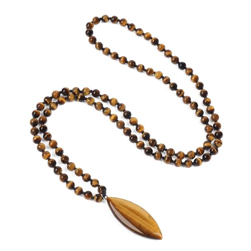 COAI Rosario Hombre Mujer, Collar Japa Mala 108 Cuentas de Ojo de Tigre Hecho a Mano con Colgante de Hoja de Ojo de Tigre Piedra Natural
